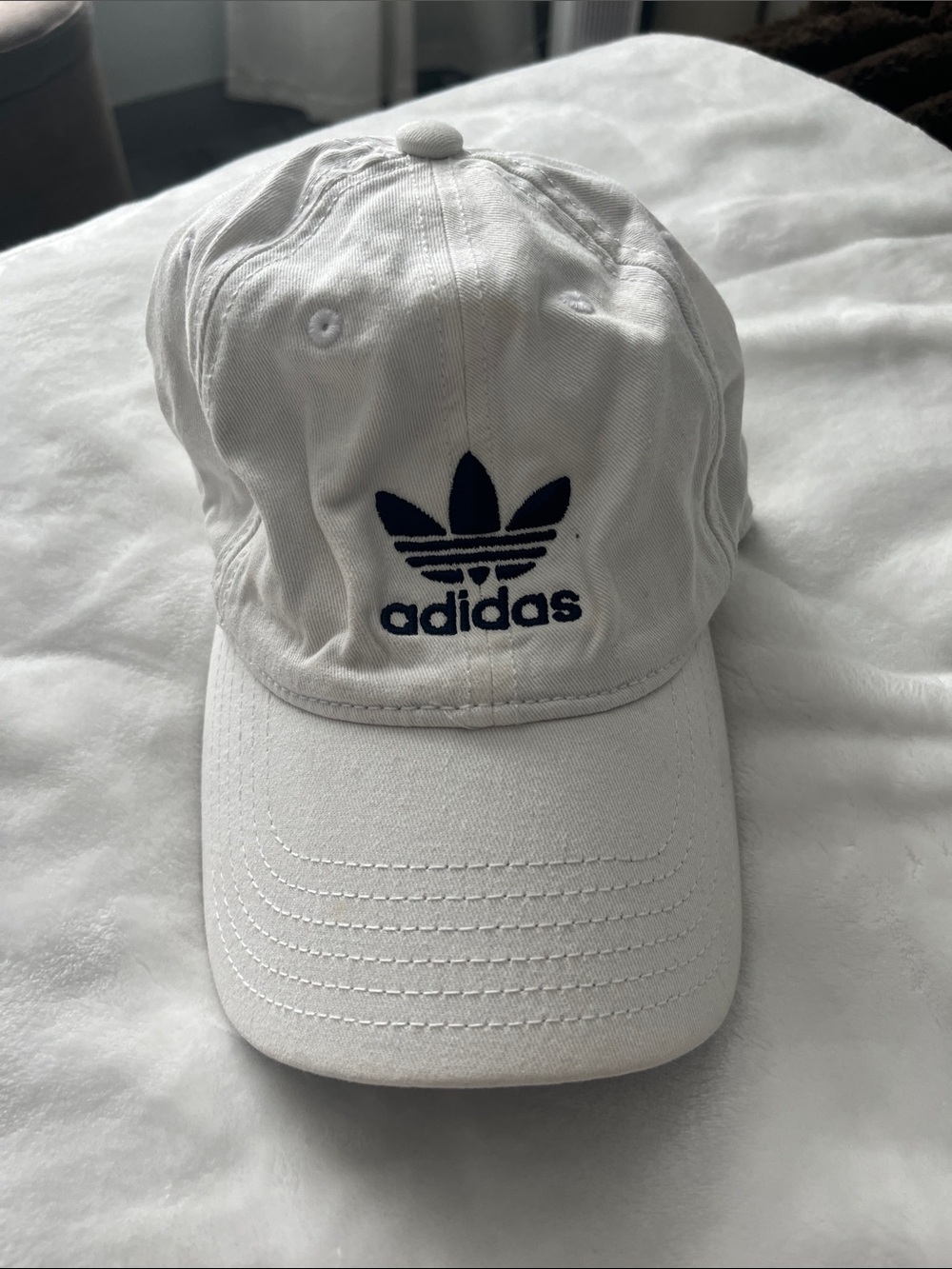 adidas Twin Trefoil Baseball Cap — White w/ Navy Embroidery